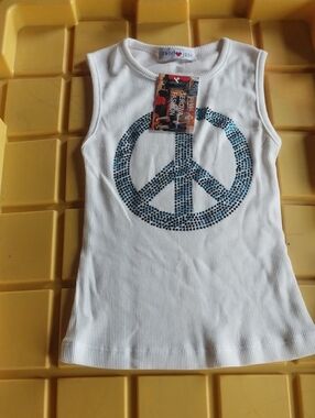 Girls' White Ribbed Tank with Blue Sequin Peace Sign